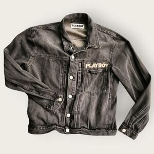 PlayBoy By Pacsun Trucker Jacket Women's Sz L Charcoal Denim Silver Logo